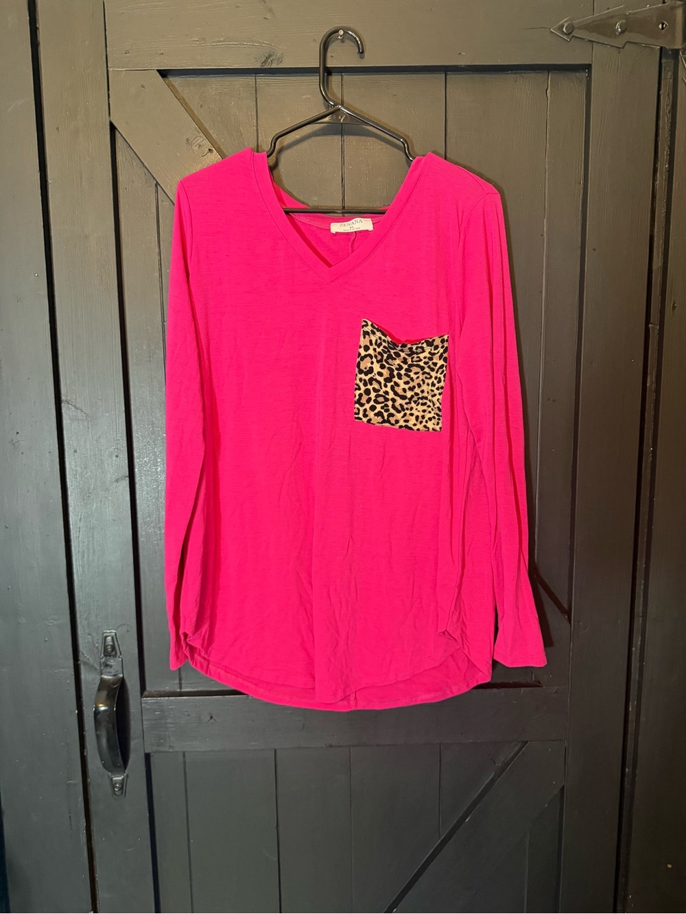 Zenana Outfitters Hot Pink Long Sleeve Tee with Leopard Pocket